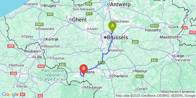 Map: Brussels Zaventem Airport (BRU) to Nouvelles