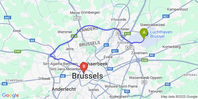 Map: Brussels Zaventem Airport (BRU) to Novotel Brussels City Centre