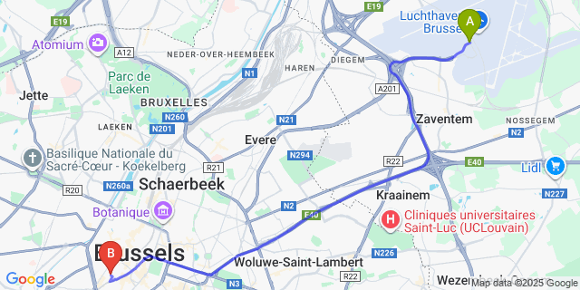 Map: Brussels Zaventem Airport (BRU) to Numa | Lief, Brussels