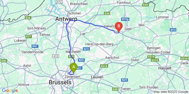 Map: Brussels Zaventem Airport (BRU) to Oevel