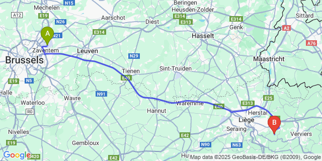 Map: Brussels Zaventem Airport (BRU) to Olne
