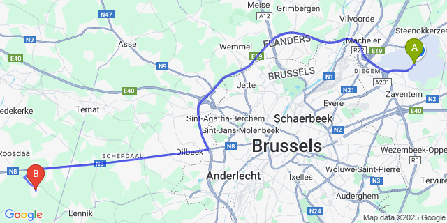 Map: Brussels Zaventem Airport (BRU) to Onze-Lieve-Vrouw-Lombeek