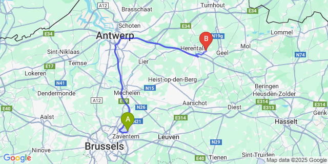 Map: Brussels Zaventem Airport (BRU) to Onze-Lieve-Vrouw-Olen