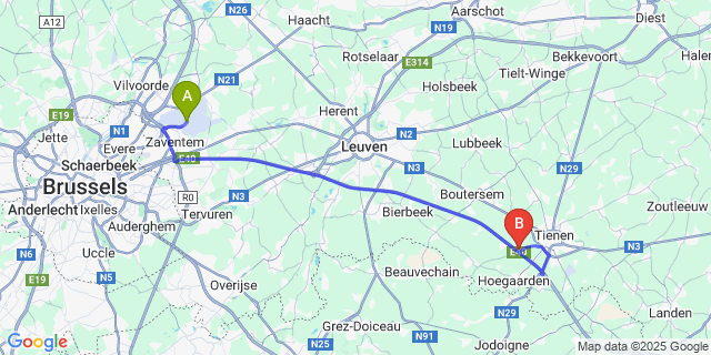 Map: Brussels Zaventem Airport (BRU) to Oorbeek
