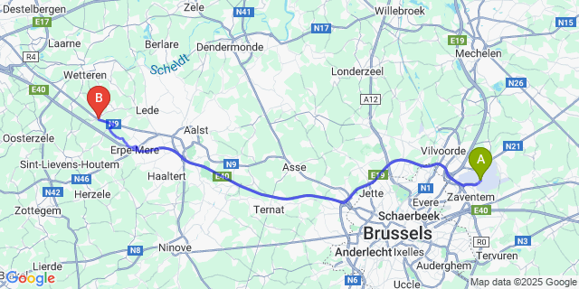 Map: Brussels Zaventem Airport (BRU) to Oordegem