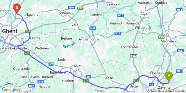 Map: Brussels Zaventem Airport (BRU) to Oostakker