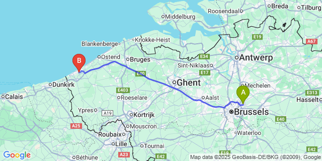 Map: Brussels Zaventem Airport (BRU) to Oostduinkerke