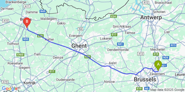 Map: Brussels Zaventem Airport (BRU) to Oostkamp