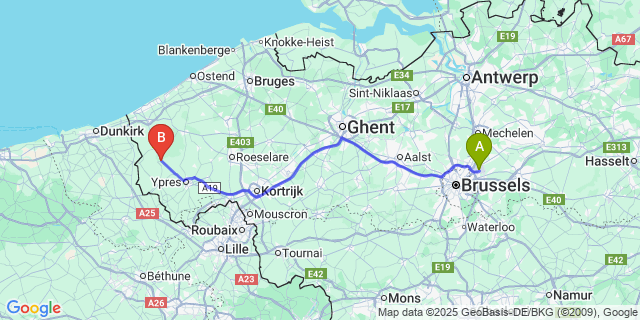 Map: Brussels Zaventem Airport (BRU) to Oostvleteren