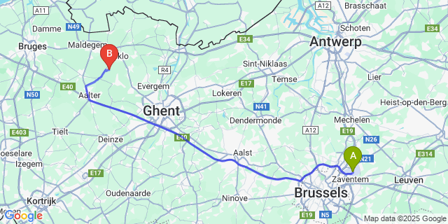 Map: Brussels Zaventem Airport (BRU) to Oostwinkel