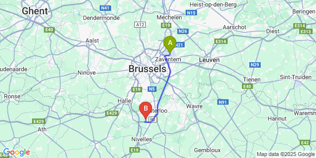 Map: Brussels Zaventem Airport (BRU) to Ophain-Bois-Seigneur-Isaac