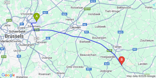 Map: Brussels Zaventem Airport (BRU) to Opheylissem