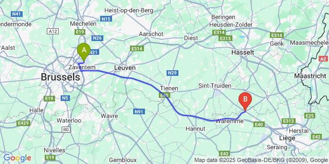 Map: Brussels Zaventem Airport (BRU) to Oreye