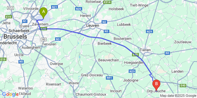 Map: Brussels Zaventem Airport (BRU) to Orp-Jauche