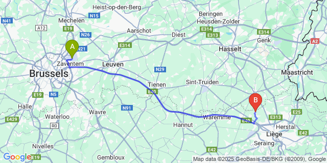 Map: Brussels Zaventem Airport (BRU) to Othée