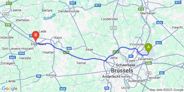 Map: Brussels Zaventem Airport (BRU) to Ottergem