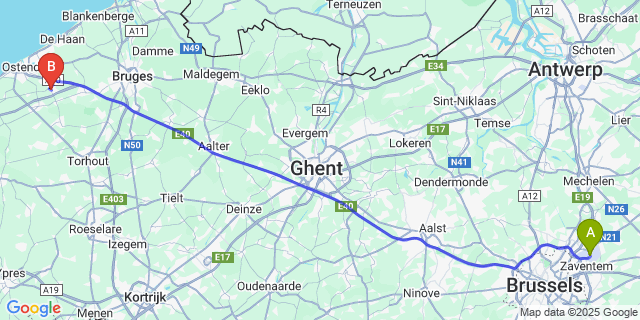 Map: Brussels Zaventem Airport (BRU) to Oudenburg