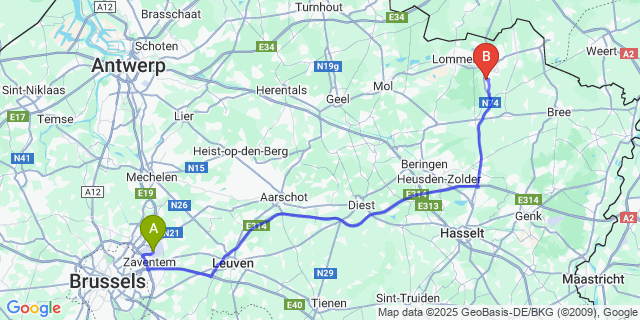 Map: Brussels Zaventem Airport (BRU) to Overpelt