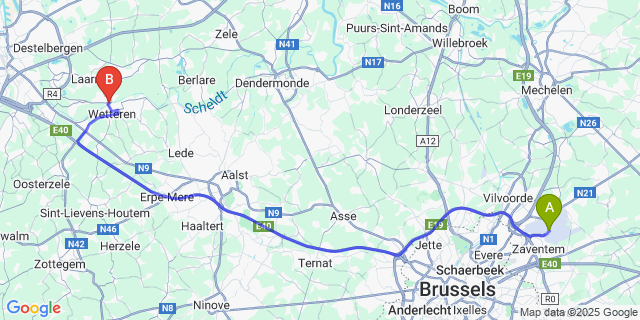 Map: Brussels Zaventem Airport (BRU) to Overschelde