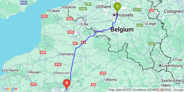 Map: Paris Charles de Gaulle Airport (CDG) to Brussels Zaventem Airport (BRU)