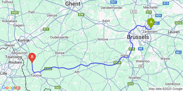 Map: Brussels Zaventem Airport (BRU) to Pecq