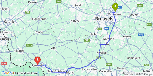 Map: Brussels Zaventem Airport (BRU) to Péruwelz