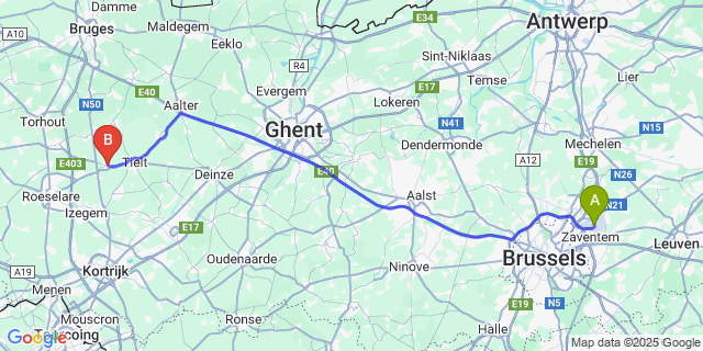 Map: Brussels Zaventem Airport (BRU) to Pittem