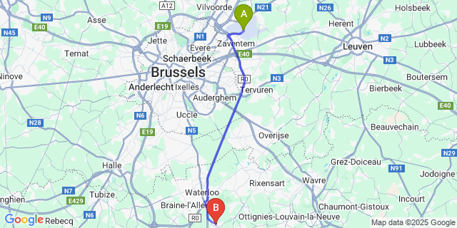 Map: Brussels Zaventem Airport (BRU) to Plancenoit