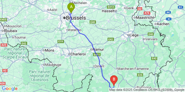 Map: Brussels Zaventem Airport (BRU) to Poix-Saint-Hubert