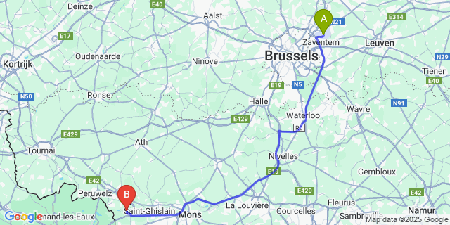 Map: Brussels Zaventem Airport (BRU) to Pommeroeul