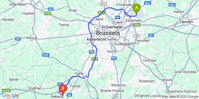 Map: Brussels Zaventem Airport (BRU) to Quenast