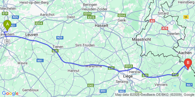 Map: Brussels Zaventem Airport (BRU) to Raeren