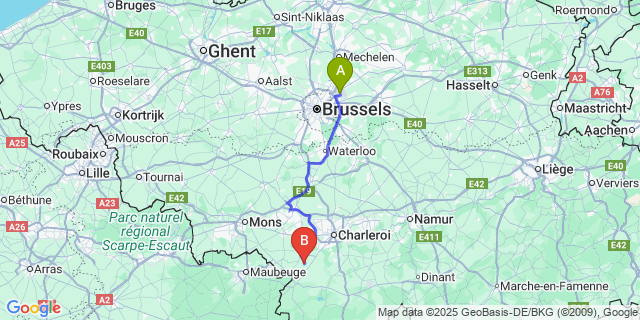 Map: Brussels Zaventem Airport (BRU) to Ragnies