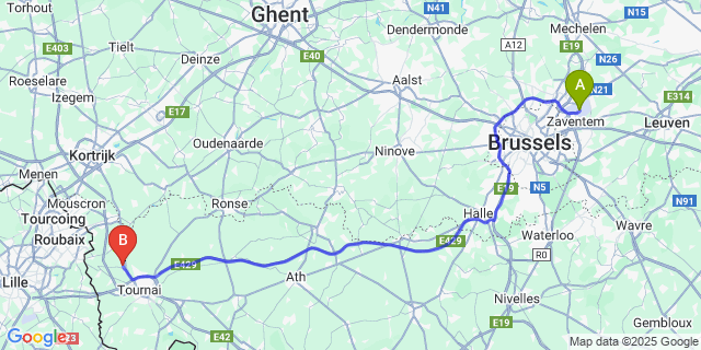 Map: Brussels Zaventem Airport (BRU) to Ramegnies-Chin
