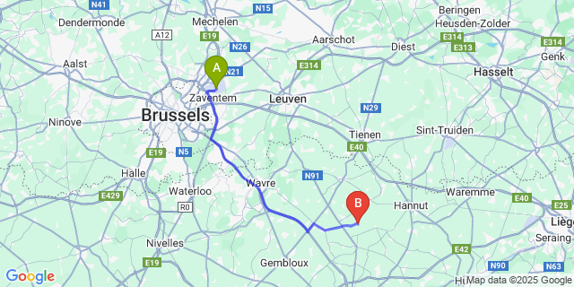 Map: Brussels Zaventem Airport (BRU) to Ramillies-Offus