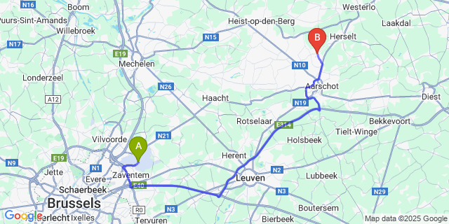 Map: Brussels Zaventem Airport (BRU) to Ramsel