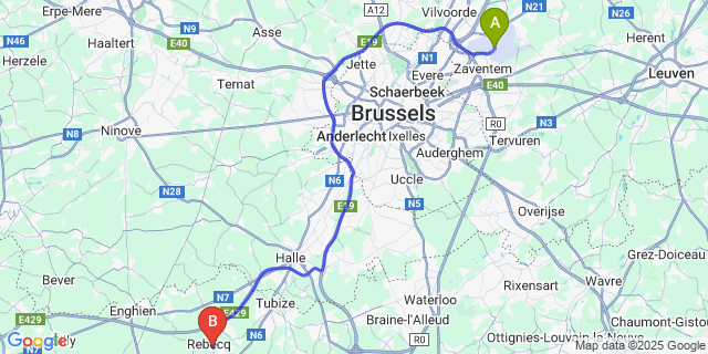 Map: Brussels Zaventem Airport (BRU) to Rebecq