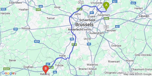 Map: Brussels Zaventem Airport (BRU) to Rebecq-Rognon