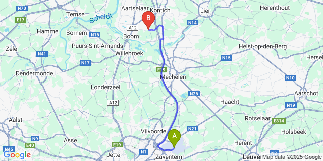 Map: Brussels Zaventem Airport (BRU) to Reet