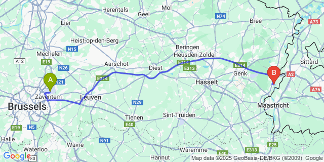 Map: Brussels Zaventem Airport (BRU) to Rekem