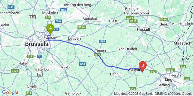 Map: Brussels Zaventem Airport (BRU) to Remicourt