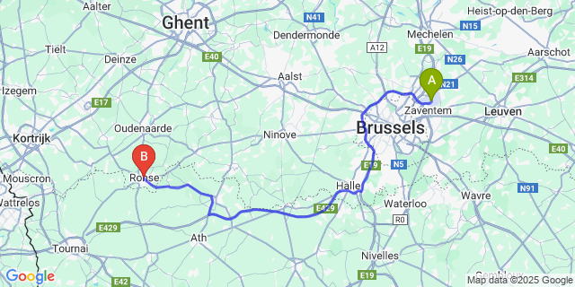 Map: Brussels Zaventem Airport (BRU) to Renaix