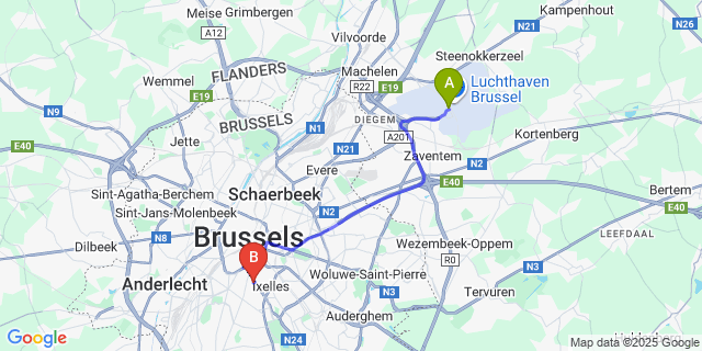 Map: Brussels Zaventem Airport (BRU) to Residence Agenda, Brussels