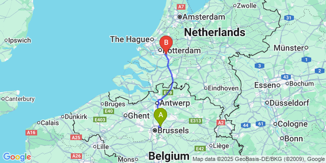 Map: Brussels Zaventem Airport (BRU) to Ridderkerk