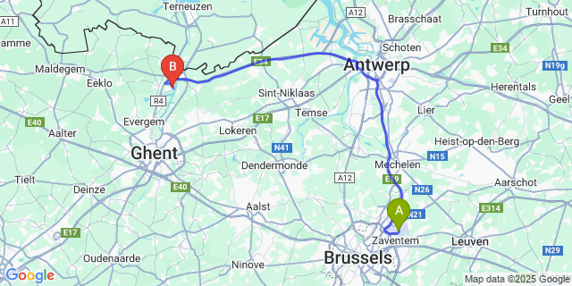 Map: Brussels Zaventem Airport (BRU) to Rieme