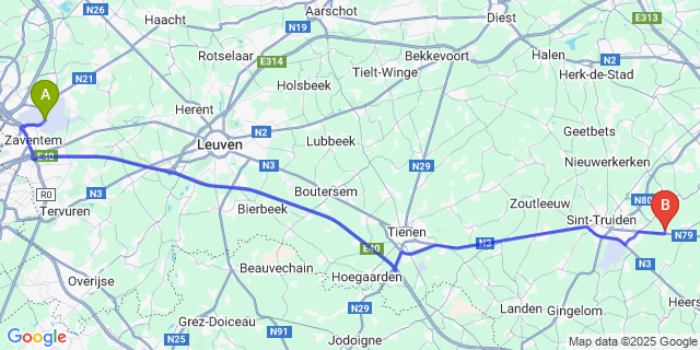 Map: Brussels Zaventem Airport (BRU) to Rijkel