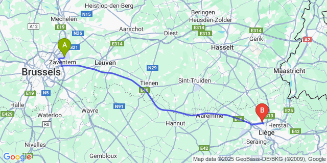 Map: Brussels Zaventem Airport (BRU) to Rocourt
