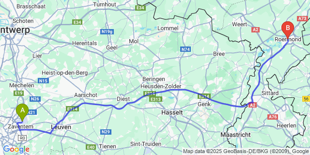 Map: Brussels Zaventem Airport (BRU) to Roermond