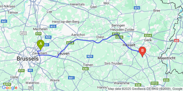 Map: Brussels Zaventem Airport (BRU) to Romershoven