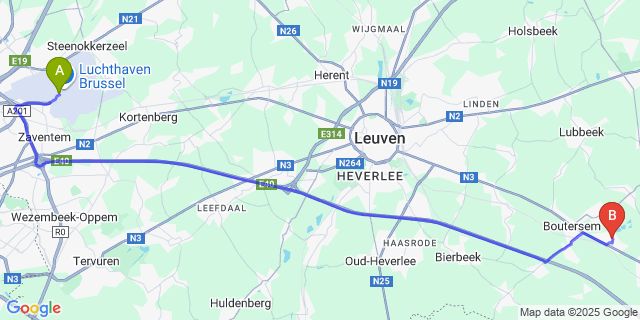 Map: Brussels Zaventem Airport (BRU) to Roosbeek